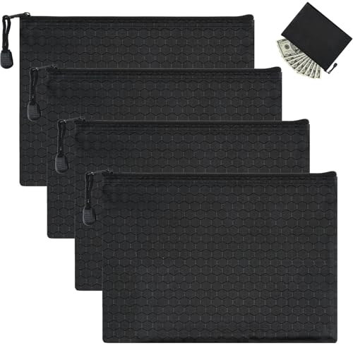 Geldtasche, 4 Stück Geldtaschen Banktasche, 24 x 18 cm Geldmappe A5, Wasserdichte Bankmappe mit Reißverschluss, Dokumententasche Schwarz für Haushalt, Business, Schule