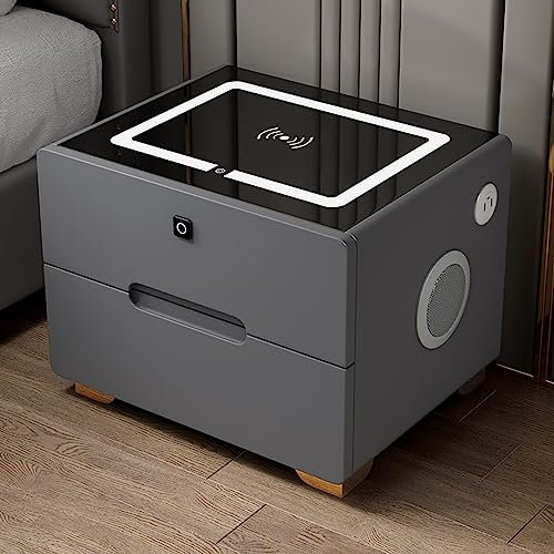 LED Nightstand with 2 Drawers, Wireless Charging Port, Fingerprint Lock, Bluetooth Speaker - Modern Luxury Bedside Table Organizer Storage Cabinet
