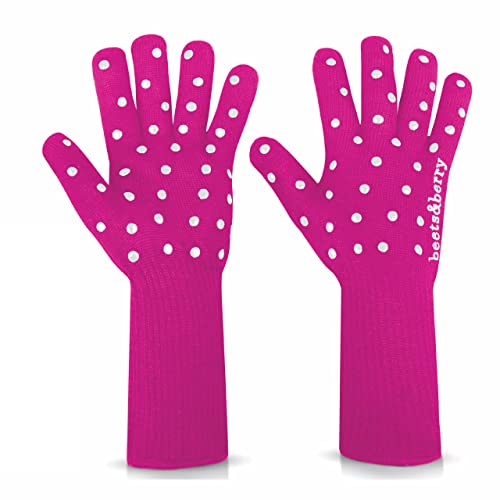 Oven Gloves with Fingers by Beets & Berry, Cooking Gloves Heat Resistant up to 650°F, for Small Hands, Baking Gloves Extra Long, BBQ Glove, Oven Glove, Kitchen Gloves for Oven, Grill Gloves (Pink)