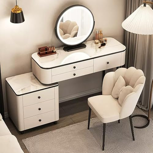 Modernes weißes Make-up-Schreibtisch-Set mit 360° drehbarem Spiegel, Beistellschrank und Stuhl, Steinplatte, Schminktisch für Damen im Schlafzimmer, 100 cm