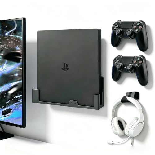BracNova Wall Mount for PS4 Slim,Steel Mount Includes Detachable Controller Holder and Headphone Stand -Safely Store Your PlayStation 4 Slim Console Near or Behind Your TV