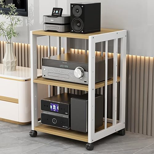JIAOCKJIAO Audio Rack Hi Fi Regal, Beweglicher Phonoschrank, Record Player Stand mit Verstellbaren Regalen, Offener Plattenspieler Regal, mit Universalrad, Stahlrahmen(White+natural,3 tier 50x40x69cm)
