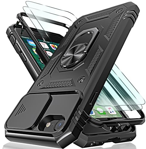 HpulaCase for iPhone SE 2022 / SE 2020, iPhone 8 & iPhone 7 Case with Camera Cover Slider, 2*Screen Protectors,Build in 360°Rotating Ring Kickstand, Military Grade Protective Case for iphone 8-Black