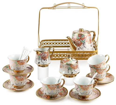 Tea Cups Sets of 6 with Teapot Cup & Saucer for Home or Office, Chinese Tea Set Coffee Set Porcelain Mugs Set, Tea Sets with Teapot, Afternoon Tea Set for Home Restaurants, Birthday or Garden Party