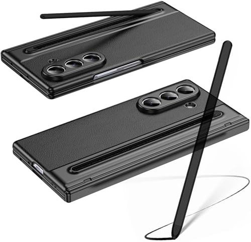 Hülle für Galaxy Z Fold7 mit Stylus Pen, Z Fold 7 Cover mit Displayschutzfolie vorne + S Pen-Steckplatz, Lederhülle für Samsung Galaxy Z Fold7 mit Scharnierschutz-Schwarz