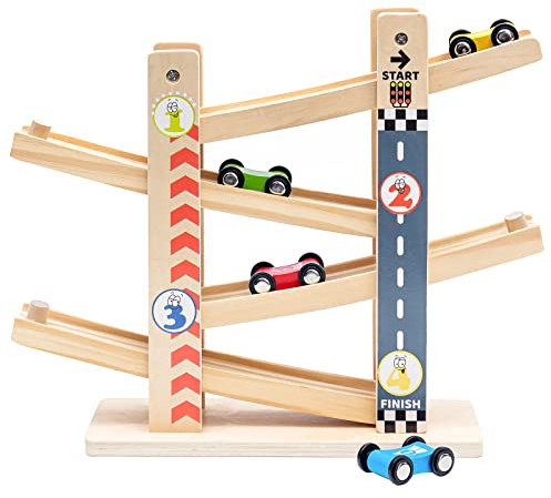 Juguetes de rampa de Coche de Madera con 4 Mini Coches Tobogán de Coche en Zigzag Juguetes para niños pequeños,Circuito de Carreras,Bebés y Niños Pequeños de 1 y 2 3 años