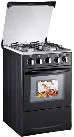 20-inch LPG (Propane) Gas Range, 4-Burner Cooktop with 62L Oven, 201 Stainless Steel, Black Glass Lid, Electronic Ignition, for Kitchen