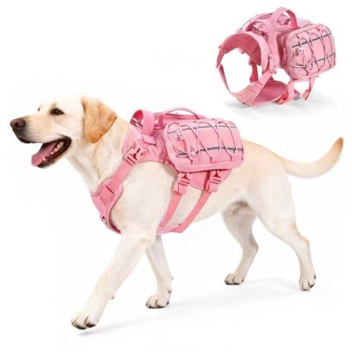 AOKOWN Large Dog Harness Backpack, No Pull Adjustable Dog Vest with Handle & Leash Ring, Lightweight Dog Backpack with Side Pockets for Walking, Training & Day Hikes, Pink, L