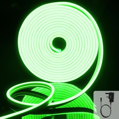 EXTRASTAR Neon Led Strip Light 5M 12V with Power Adapter, IP65 Neon Led Rope Light Cuttable 8.5W/M, Green Light