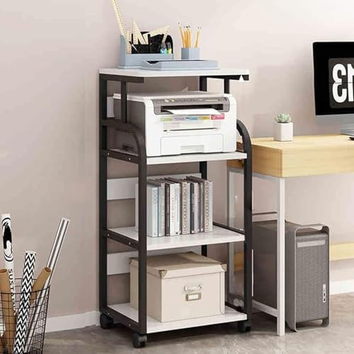 Carrello per stampante mobile con ripiani portaoggetti, tavolo multifunzione per stampante per forniture per ufficio, supporto per stampante facile da spostare su ruote (bianco e nero 4° piano)