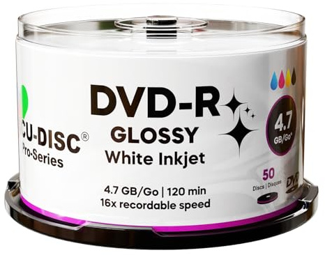 Acu-Disc Pro-Series Glossy White Inkjet DVD-R 4.7GB 120min 16x – Full-Face Hub Printable Blank Recordable Discs for Duplication, Video & Media Production (100)