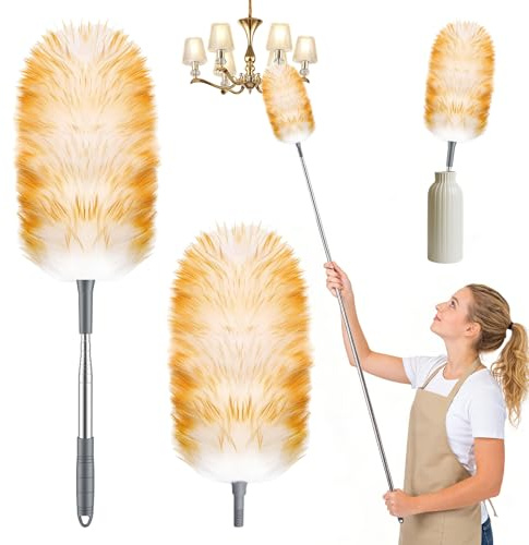 2 Stück Lammwolle Staubwedel Teleskop, Waschbar Staubwedel, Ausziehbar bis ca. 130 cm, Antistatisches Staubaufnahme für Decken und Empfindliche Oberflächen, Privat, Büro, Auto