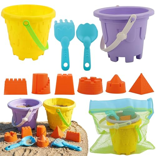 TOY Life Kids Beach Sand Castle Bucket Set, 2 Buckets with Mesh Bag, 6 Molds, 2 Shovels, Colorful Plastic Beach Toys for Summer Play