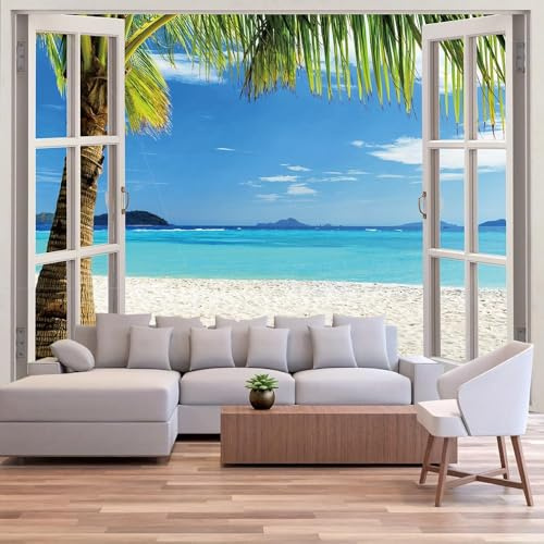 Papier Peint Panoramique Vue Fenêtre Papier Peint Intissé Plage et Mer Poster Trompe l'oeil Mural 3D Art Décoration Murale Salon Chambre 200x140 cm 2995b