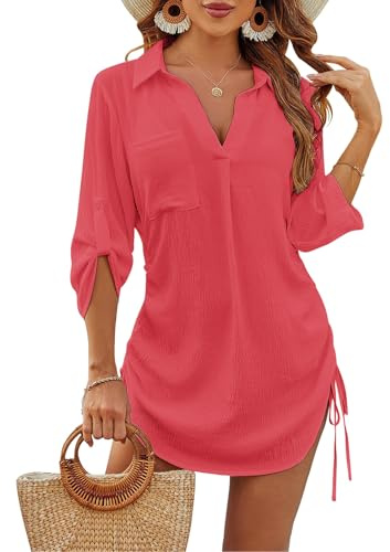 JFAN Vestido de Playa para Mujer Camisas Largos Cuello en V de Bikini Cover up Color Sólido Chic con Verano Casual Blusa de Playa con Boton,Magenta Talla única