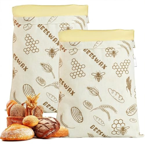 2PCS Beeswax Bread Bags, Reusable Cotton Linen Bread Storage Bags with Natural Beeswaxs Lining, Extra Large Beeswax Food Storage Bags with Zip Closure for Sourdough & Artisan Loaves (D)