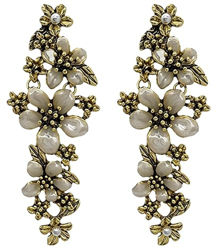Boucles d'oreilles pendantes vintage en forme de fleur pour femme, longues boucles d'oreilles dorées avec accents de perles, bijoux floraux élégants pour fête de mariage
