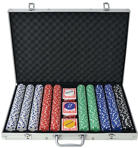 Kaloriko Poker Set mit 1.000 Chips im Aluminiumkoffer, inklusive Casino Würfel, Kartendecks, Dealer Button für Texas Holdem und Blackjack, ideal für Zuhause, Party und Freizeitspaß