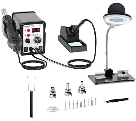 Stamos Soldering Station De Soudage Soudure Dessoudage Dessouder Brasage S-LS-4 (Fer À Souder 60 W, Pistolet Air Chaud 650 W, Air Chaud 100-480 °C, Soudage au Fer 200-480 °C, Écran LED)