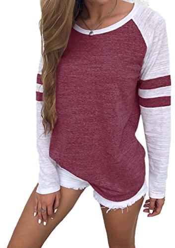 Famulily, Maglietta in stile baseball a maniche lunghe, girocollo, a righe con blocchi di colore, da donna - rosso - M