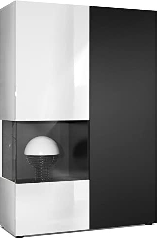 Vladon Vitrine Kommode Hochschrank Morena, Made in Germany, Korpus in Weiß matt/Rechte Tür und der Einsatz in Schwarz Matt