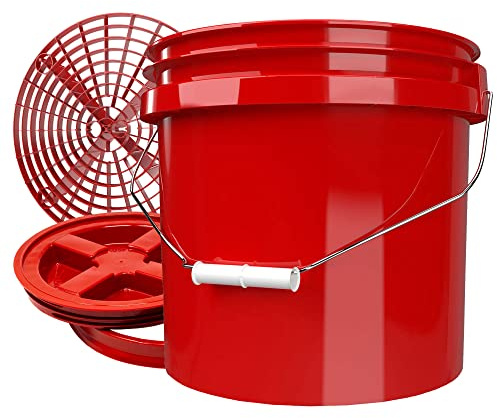 Detailmate Red Bucket Set - 3.5 Gal (12 L) /5 Gal (19 L) Grit Guard Wash Bucket Red /Grit Guard / Dirt Insert / Washboard / Gamma Seal Lid
