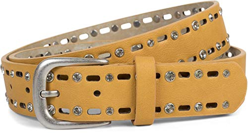 styleBREAKER Damen Nietengürtel Cutout Muster Strass PU | 3,5 cm breites Kunstleder mit ovalem Lasercut an den Rändern, stufenlos auf individuelle Länge kürzbar, Einfachdornschließe.