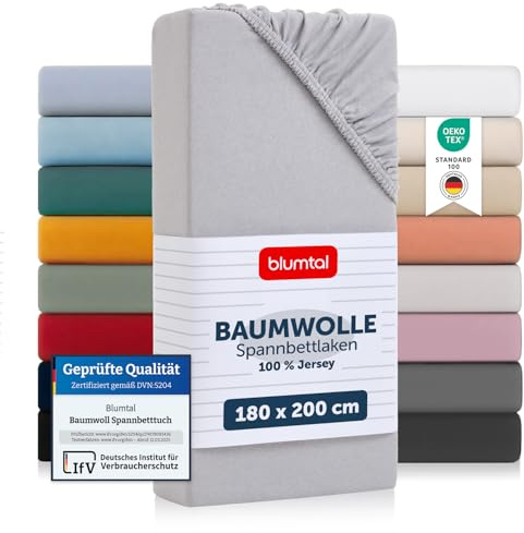 Blumtal® Basics Spannbettlaken 180x200x30cm Jersey - Bettlaken aus 100% Baumwolle - Oeko-TEX zertifiziertes Spannbetttuch 180x200cm - Moonlight Grey
