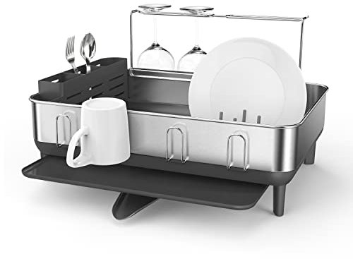 simplehuman KT1181 Stahlrahmen Abtropfgestell Geschirr mit Abtropfschale, Geschirrständer mit Besteckhalter, Küche, Groß, grau, gebürsteter Edelstahl, 5 Jahre Garantie