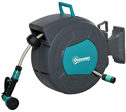 Outsunny Enrouleur tuyau arrosage automatique pivotant 180° Tuyau 15 + 1,4 m avec Lance arrosage Support Mural intégré Turquoise Gris