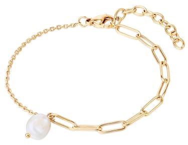 Valero Pearls Damen Armband aus Edelstahl gelbvergoldet mit Barock Süßwasser-Zuchtperle 6,3 mm weiß - Edelststahlarmband Gelbgold mit Perle