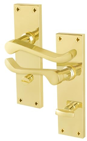 EAI Polished Brass Door Handles Bathroom, 1 Pair - Victorian Scroll | 1 Pair of Victorian Scroll Lever on Backplate Internal Door Handles for Bathroom, Fixings Included