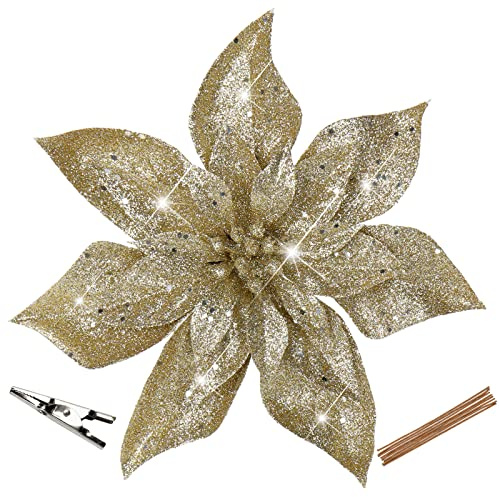 Oairse 8er-Set Künstliche Glitzernde Weihnachtsblumen, Weihnachtssterne mit Clips für Weihnachtsbaum-DIY-Dekoration, künstliche Blumen für Feiertage, Esstisch-Mittelstück, Neujahrs-Ornamente, Sekt