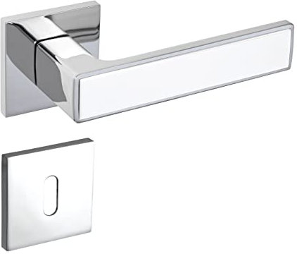 Gavroche Türgriffe Set BB Buntbart | Türklinken für Innentüren in Silber Chrom und Weiß | Drückergarnitur für Zimmertür mit eckiger Rosettengarnitur aus Zink | Türbeschlag in L-Form