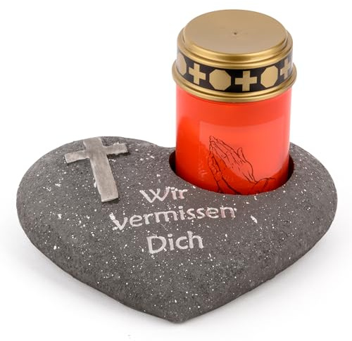 Novaliv Grabschmuck Herz Anthrazit mit Kreuz Spruch Wir vermissen Dich inkl. LED Grablicht Rot Grabdeko Grabherz Wetterfest Grabdekoration Gedenkstein Teelichthalter Trauerstein