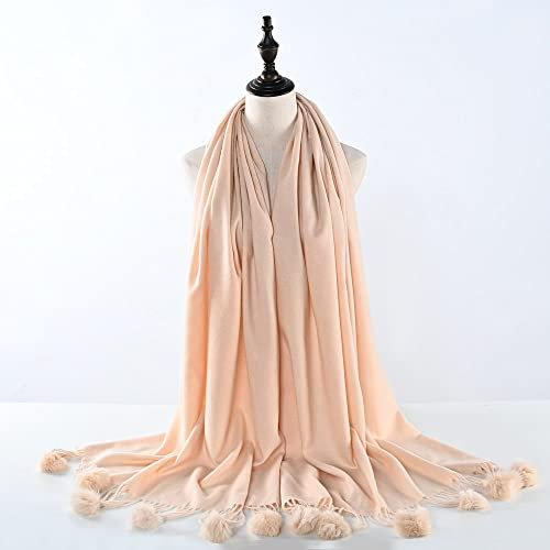 HGJH Strickschal Damen, Winterschals Creme Weicher Warmer Schal Dicke Decke Einfarbig Quastenkugel Kaschmir-Gefühl Schal Lang Groß Winterschal Trendige Stola-Schals Für Frauen Mädchen