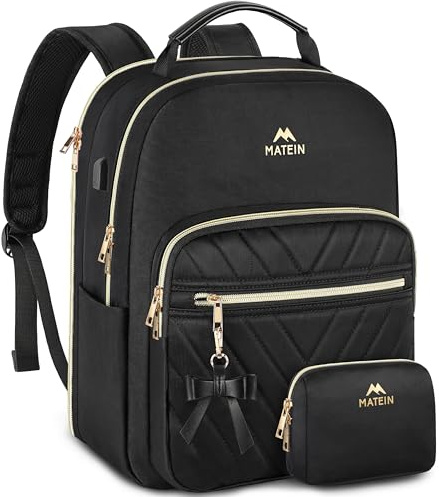 MATEIN Rucksack Damen Elegant, 15,6 Zoll Laptop Rucksack Damen, Arbeitstasche Set 2 in 1 Laptop Schulrucksack Wasserdicht Frauen mit USB Ladeanschluss Backpack Modern für Büro, Business，Schwarz