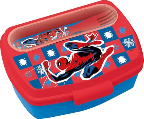 Tataway Marvel Sandwich Box rossa per bambini in plastica Spiderman Uomo Ragno con cucchiaio e forchetta
