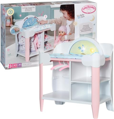 Baby Annabell, dockor skötbord, baby Annabell Day&Night skötbord med roterande hjul i dag- och nattläge, ljus- och ljudfunktioner, skötmatta och 3 galgar, 709672, tapp skapelse