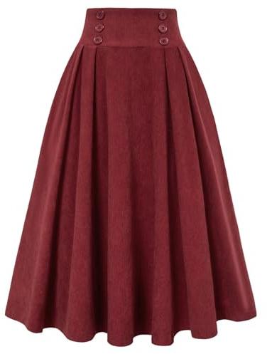 Belle Poque Corduroy Skirt for Women A-Line Flared Swing Skirt Midi Pleated Skirts Red S