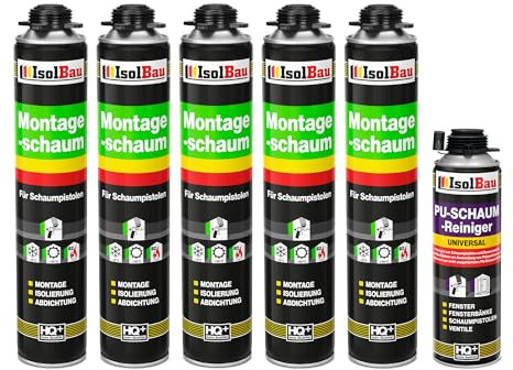 Isolbau Bauschaum-Set - Inkl. 5 x 1K Montageschaum B2 Pistolenschaum mit hervorragender Schall und Wärmedämmung (je 750 ml) & 1 x PU-Schaum-Reiniger (500 ml), Verfüllen