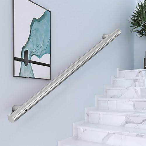 Barandilla de metal para escaleras interiores exteriores, barra soporte seguridad Pasamanos de escalera montada en la pared - Kit completo escalera de acero inoxidable escalones, barra agarre pasillo