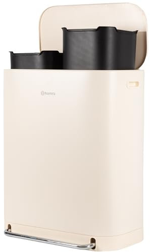 Homra Rockx Recycling Bins for Kitchen 60l | Odour Proof Double Compartment Pedal Bin 2x30l | Large Dual Waste Bin | 2 Plastic Inner Buckets | Soft-Close Lid with Odour Filter | Cream White