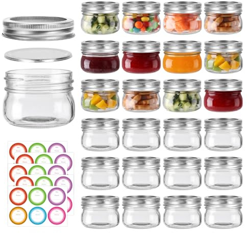 Mcupper 4 oz Mason Jars With Silver Lids and Bands, 24 Pack Regular Mouth Canning Jars for Jam, Honey, Yogurt, Candy, Spices, Snacks, DIY Projects, Wedding Favors- Includes 30 Stickers