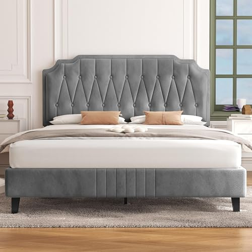Yaheetech 5ft King Bed Frame, Velvet‑Upholstered Headboard, Light Gray | Sturdy wooden slat support, no box spring needed, easy assembly, adjustable tufted headboard, fits bedroom guest room dorm