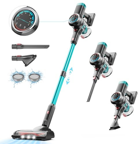 45Kpa/550W Akku Staubsauger,Staubsauger Kabellos mit OLED Smart Display und Selbsttragendem Design, 60 Minuten Laufzeit, Verknotungsfreier Akkustaubsauger für alle Arten von Hartböden und Teppichen