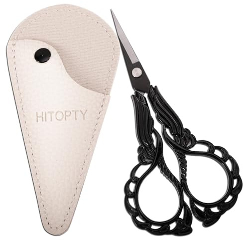 HITOPTY Small Sewing Scissors with Cover - Embroidery Scissors for Crafting Needlework Thread Snips Fabric Yarn Detail Cutting Tool, Little Straight Tip Shears Black Vintage