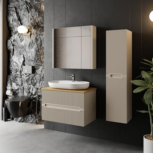 Badezimmermöbel Set Bella 80 Konsole Eiche | Keramikwaschbecken | Unterschrank | Spiegelschrank | Konsole | Waschbecken mit Unterschrank 80 cm | Softclose | Aufsatzwaschbecken | Konsolenwaschtisch
