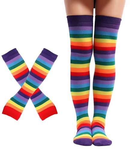 Nujvnuj Regenbogen gestreifte Strümpfe Handschuh Set - Damen Mädchen Karneval Weihnachten Party Party Requisite Set