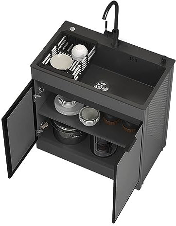 Fregadero de acero inoxidable con gabinete y escurridor, estantes de almacenamiento y grifo redondo para cocina, restaurante, lavandería, garaje, granja, uso comercial, interior y exterior (color: